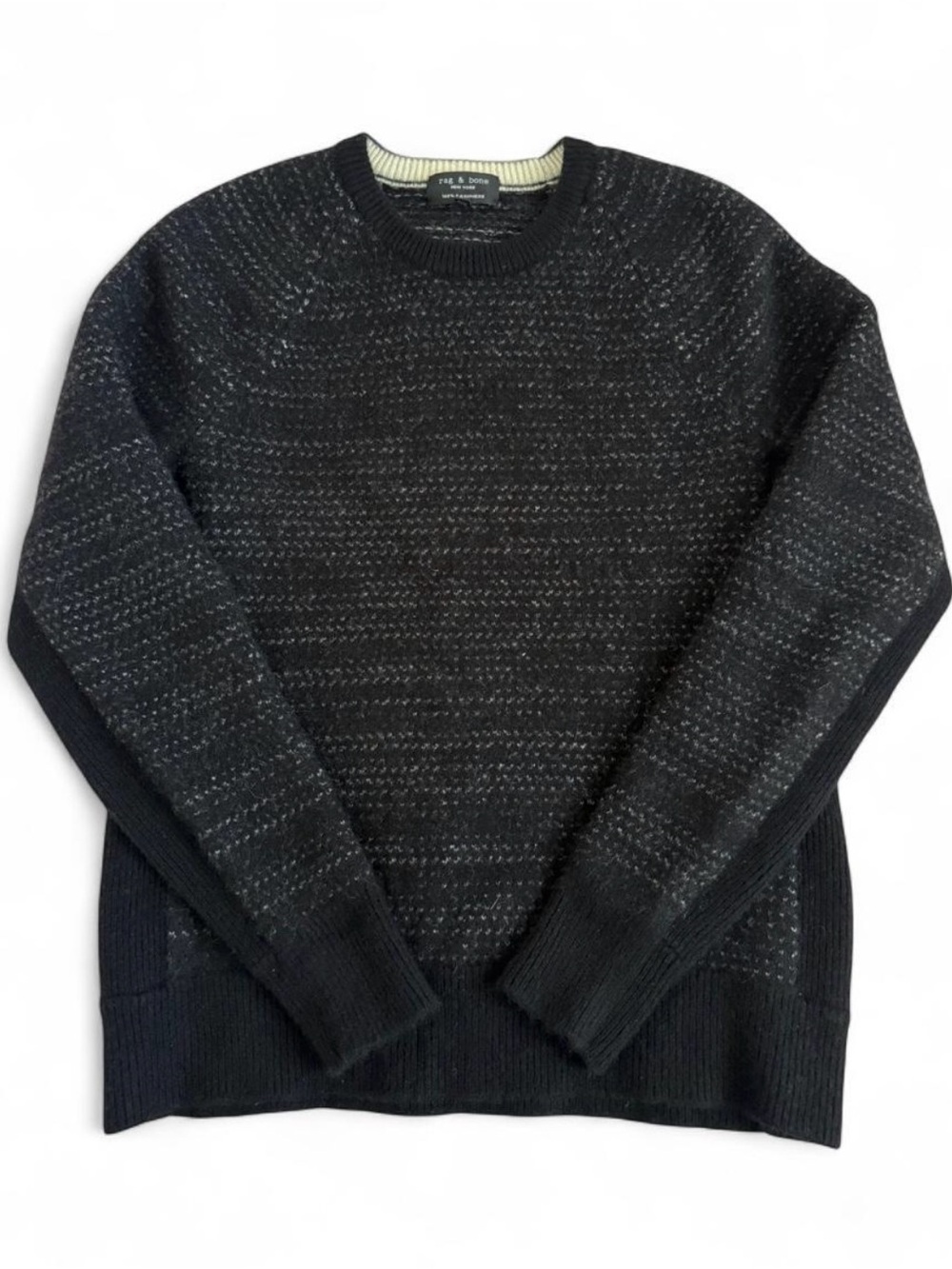 rag & bone textured mixed-knit raglan 100% cashmere sweater black gray medium